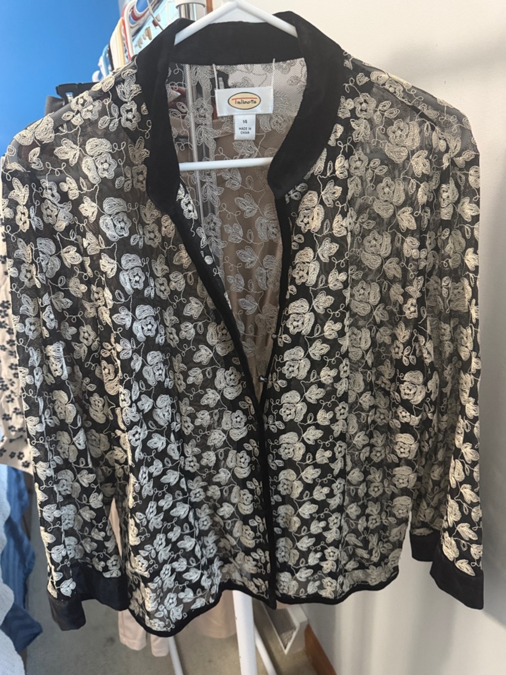 Talbots Black Sheer Jacket with White Floral Embroidery